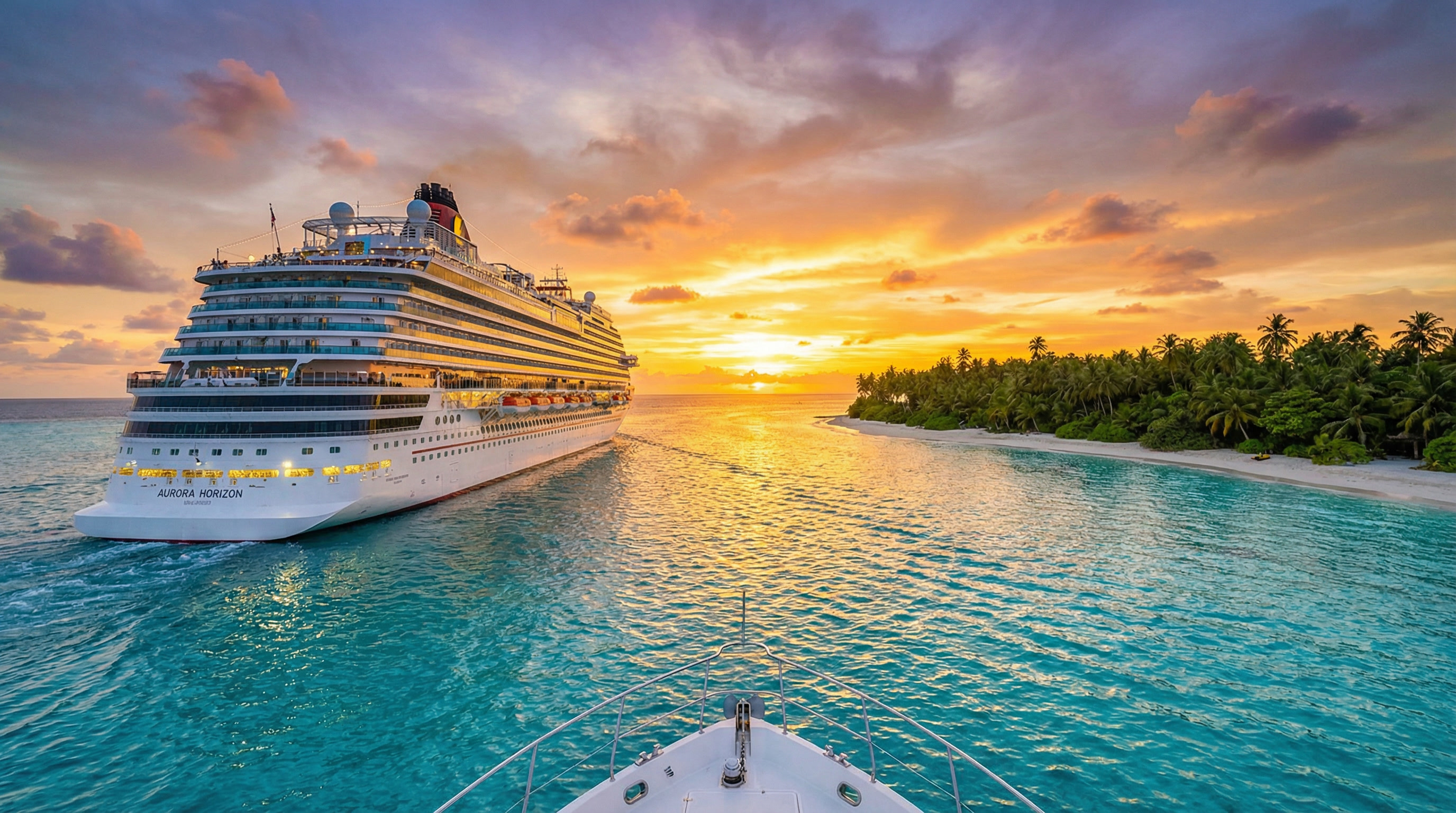 Cruise ship sailing toward tropical island at sunset